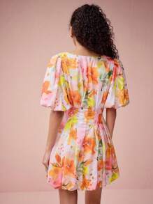 Enchnt Vestidos cortos de mujer con estampado floral, escote en V, mangas abultadas e imitación de lino, románticos y elegantes para el Día de San Valentín, vacaciones, citas dulces y uso diario - Naranja - Ver 6