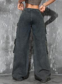 SHEIN PETITE Women's Distressed Low-Waist Wide-Leg Jeans - Dusty Blue - View 3