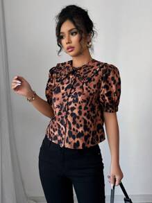 Elenzga Peter Pan Collar Single-Breasted Leopard Print Short Sleeve Shirt - Multicolor - View 5