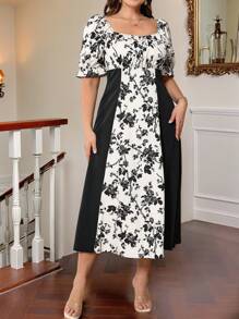 SHEIN Frenchy Plus Size Boho Elegant Romantic Minimalist Black & White Floral Print Color Block Modest Midi Dress, Suitable For Valentine's Day, Vacation, Women Midi Dress, For Summer