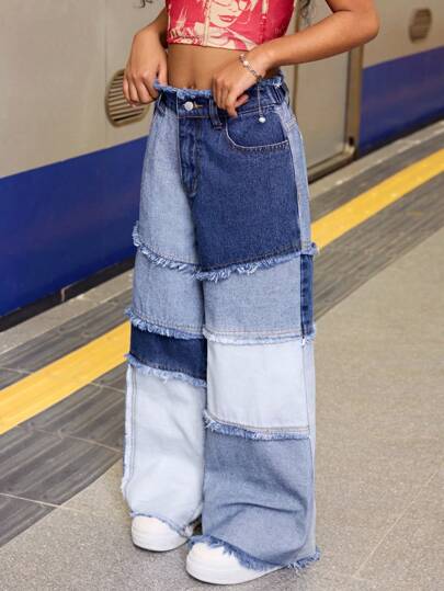 Spodnie jeansowe dla młodej dziewczyny w stylu Y2K, patchworkowe, niebieskie, luźne, patchworkowe, blokowe, dziewczęce, urocze, wzorzyste, jesień, zima, swobodne i modne, na wakacje, odzież uliczna, styl lat 2000., dzwony, dziewczęce, Boże Narodzenie