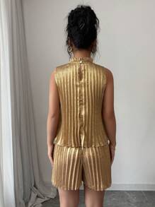 Elenzga Elegante conjunto de 2 piezas con volantes en el cuello, de tela metálica plisada, con acabado romántico y bohemio, estilo resort, para mujer