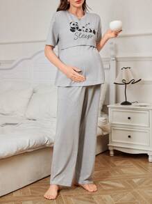 Conjunto de pijama de maternidad con estampado de panda, de manga corta y pantalones cortos