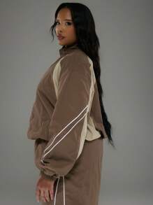 MUSERA Plus Size Nylon Stand Collar Panel Full Zip Jacket For Everyday, Street Style, Streetwear, Y2K, 2000'S Style, Cool Streetwear - Multicolor - View 2