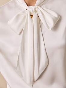 Poéselle Tie Neck Lantern Sleeve Blouse - White - View 3