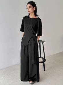 FRIFUL 2pcs Women Set: Cinched Waist T-Shirt And Pants - Black - View 7