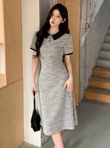 DAZY 女士短袖撞色领连衣裙，简约时尚休闲日常穿着