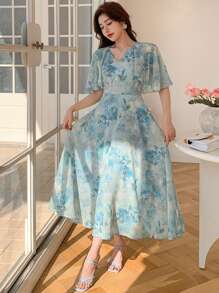 DAZY V领印花荷叶袖中长连衣裙，女士吊带裙，秋季长袖连衣裙，度假装扮，复活节女士 - 藍色 - 查看 3