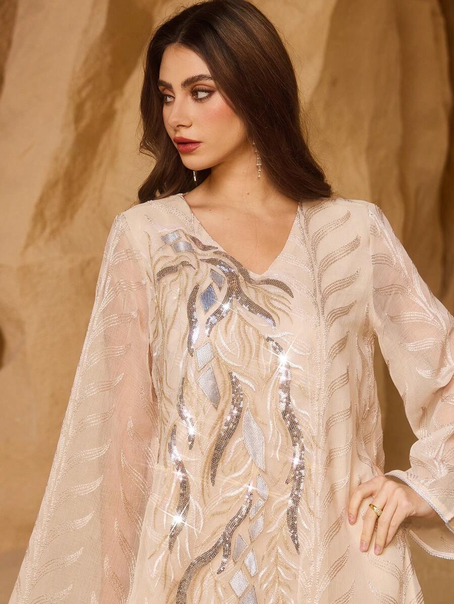 Al Najma Custom Made Premium Embroidered Fabric And Sequin Embroidery Elegant Luxury Women Dress, Kaftan & Jalabiya, Luxury Evening Dresses For Women - Apricot - View 1