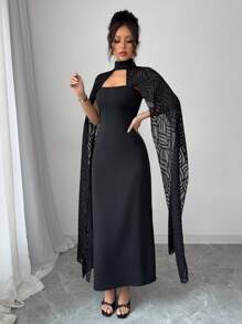 Rafferiza Women's Elegant Cape Dress, Black Lace Holiday Long Dress Fall Cloth For Women - Black - View 7