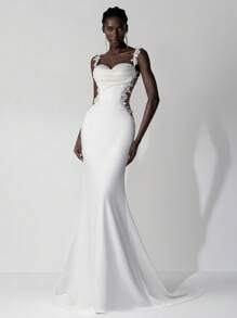 Elitara 优雅奢华刺绣蕾丝贴花弹力针织褶饰美人鱼下摆带拖尾，适合婚礼、派对、蜜月、新娘礼服、婚纱、新娘 - 米色 - 查看 4