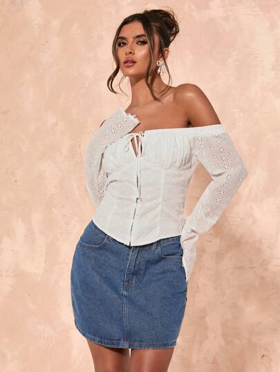 SHEIN BAE Áo nữ mùa xuân hè lãng mạn, giản dị, thích hợp mặc hàng ngày, đi nghỉ mát, đi biển, dự lễ hội âm nhạc, chất liệu vải thêu trắng, kiểu trễ vai, đi chơi, mùa hè cho nữ, áo hè dễ thương, áo nữ đi nghỉ mát nhiệt đới, lễ hội nhạc rave.