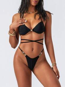 SHEIN Swim Springbreak 性感金属装饰抽绳系带前上衣和高腰短裤两件套泳衣套装，夏季