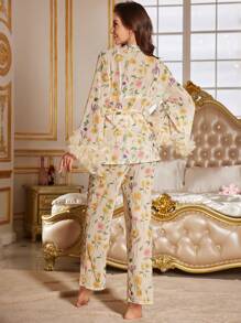 Slumberist 2pcs/Set Floral Print Mesh Robe With Feather Decor Bell Sleeves Top & Long Pants Pajamas - Apricot - View 2