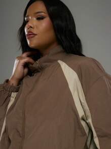 MUSERA Plus Size Nylon Stand Collar Panel Full Zip Jacket For Everyday, Street Style, Streetwear, Y2K, 2000'S Style, Cool Streetwear - Multicolor - View 4