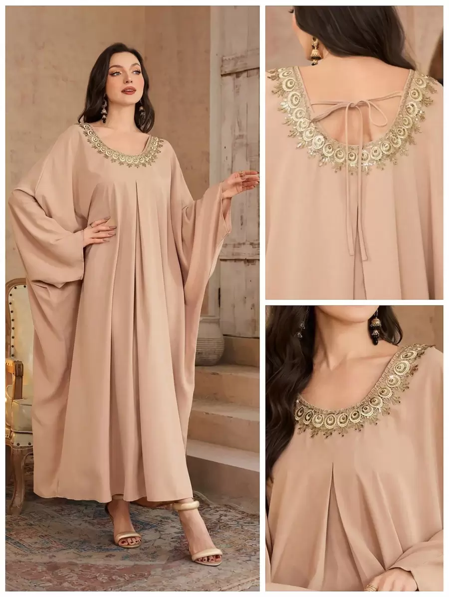 Al Najma 女士蝙蝠印花褶饰宽松束腰连衣裙 - 卡其色 - 查看 1