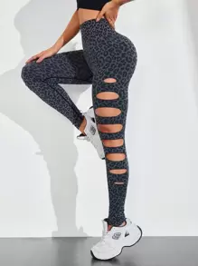Slayoga 1 pezzo Leggings corti e strappati con stampa leopardata per la corsa
