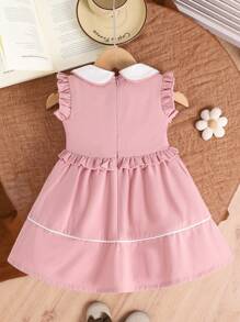 女婴优雅甜美可爱街头风格粉色彼得潘领刺绣装饰连衣裙，夏季 - 粉色 - 查看 3
