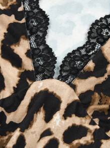 大码女式撞色蕾丝豹纹深 V 灯笼袖修身中长连衣裙超长款女装 - 棕色 - 查看 7