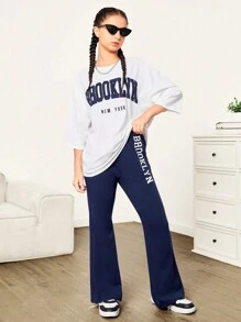 SHEIN Teen Girl Loose White Knitted Mid-Sleeve T-Shirt With Letter Print And Blue  Flared Pants Sports Casual 2pcs Set