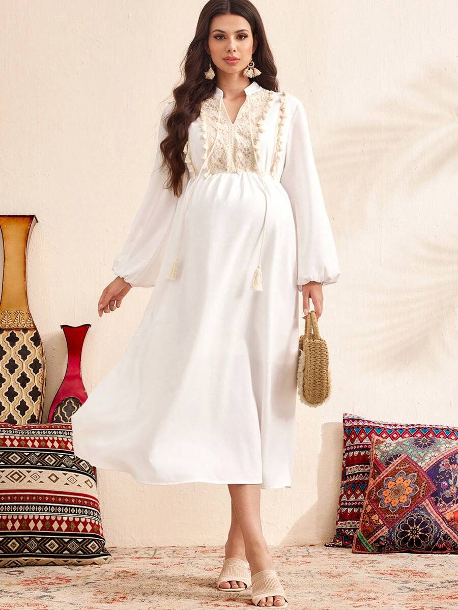 SHEIN Váy bầu tay đèn lồng thêu tua rua cổ - trắng - Xem 1