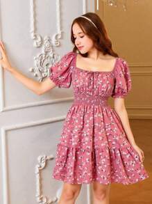 SHEIN Leap Crew Vestido con cuello cuadrado, mangas abullonadas y lazo para niña adolescente con estampado floral diminuto, para primavera/verano - Rosa - Ver 6
