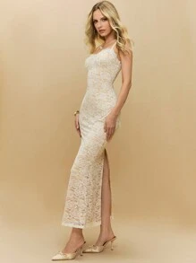 Poéselle Elegant Solid Color Lace Cross Strap Open Back Slim Fit Maxi Dress - White - View 1
