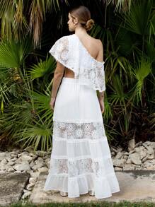 VERO DIAZ Designer Women Boho Bohemian White Lace Chiffon Layered Panels Elastic Waistband Elegant Long Skirt For Spring & Summer Vacation, Beach, Cruise, Festival, Concert, Elegant, Ibiza Fits - White - View 6