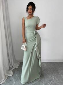 Elenzga Asymmetric Shoulder Pleated Ruffle Sleeve A-Line Floral Elegant Romantic Dress For Women - Mint Green - View 3