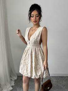 SHEIN Unity Women Elegant Solid Color Jacquard Sleeveless Short Casual Dress - Apricot - View 5
