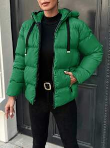 RueChic Zip Up Drawstring Hooded Puffer Coat - Green - View 3