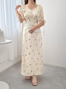 FRIFUL Women's Long Ditsy Floral Ruched Waist Puff Sleeve Dress, Summer,Casual Women Dresses