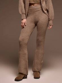 MUSERA High Rise Rib Knit Button Waistband Detail Flared Jogger Only Spring Summer Cute Airport - Coffee Brown - View 2