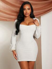 SHEIN SXY 春夏婚礼季宾客情人节优雅浪漫白色弹力粗花呢长袖梯形领修身迷你连衣裙 - 白色 - 查看 4