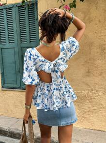 Breezaya Women's Floral Print Ruffle Hem Tie Front Backless Lantern Sleeve Blouse - Blue and White - View 1
