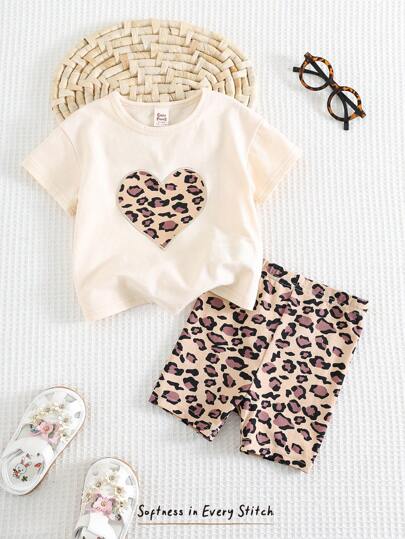 Cozy Pixies 2pcs/Set Baby Girl Heart Pattern Knit Soft Crew Neck Short Sleeve Pullover Tops And Leopard Print Elastic Waist Shorts Set