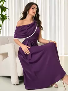 Modelyn Women's Long Asymmetrical Neckline Pearl Ribbon Elegant & Luxurious Banquet A-Line Dress - Red Violet - View 3