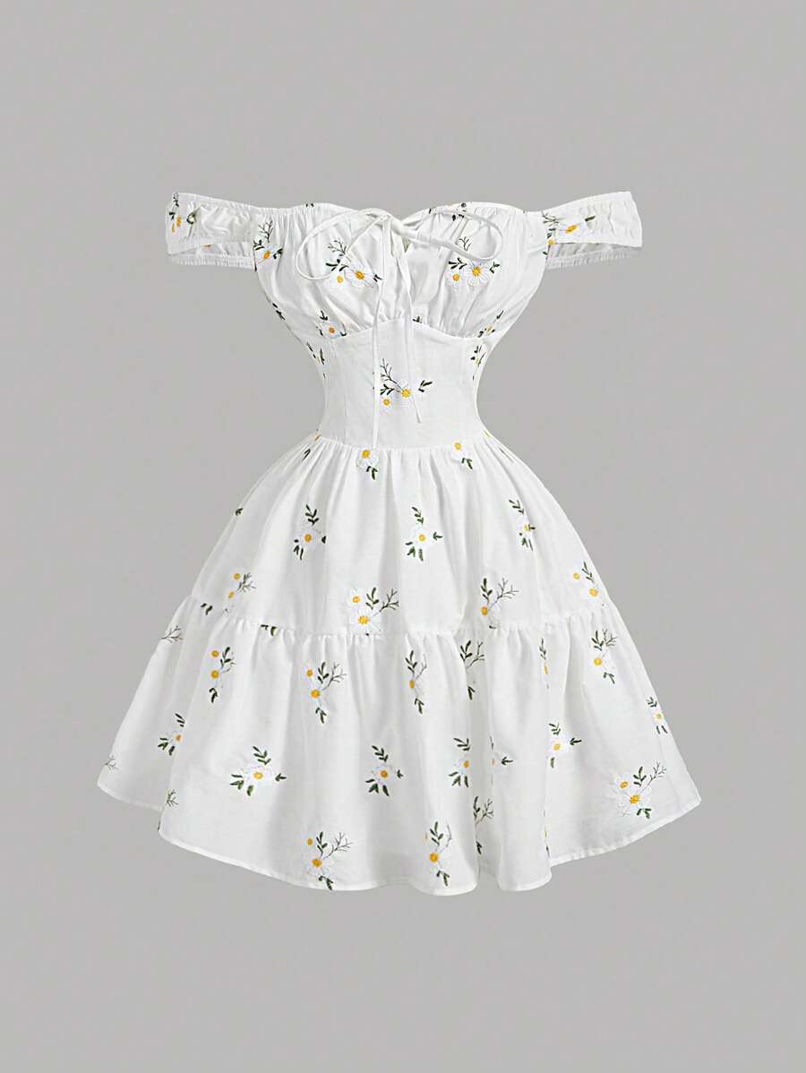 SHEIN MOD 女士露肩刺绣浪漫假日迷你连衣裙、女士度假装、夏装、女士西装、乡村装、沙滩装、春装、波西米亚风连衣裙、背心裙、花裙 - 白色 - 查看 1