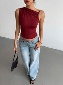 Aloruh 女士性感优雅圆领褶皱酒红色露脐无袖背心，夏季红色上衣，适合毕业季、教师节、返校季等场合。 - 酒紅色 - 查看 4