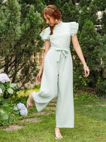 SHEIN 优雅荷叶边立领盖袖连体裤，适合少女，灰绿色 - 薄荷綠 - 查看 4