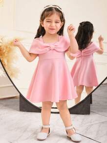SHEIN Baby Girl Pink Off Shoulder Bowknot Decor Princess Dress, Suitable For Wedding, Party, Holiday, Birthday Gift, Spring/Summer - Pink - View 2