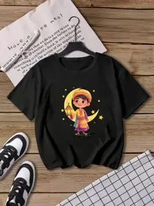 年轻男孩休闲基本款开斋节穆印花短袖 T 恤 - 黑色 - 查看 1