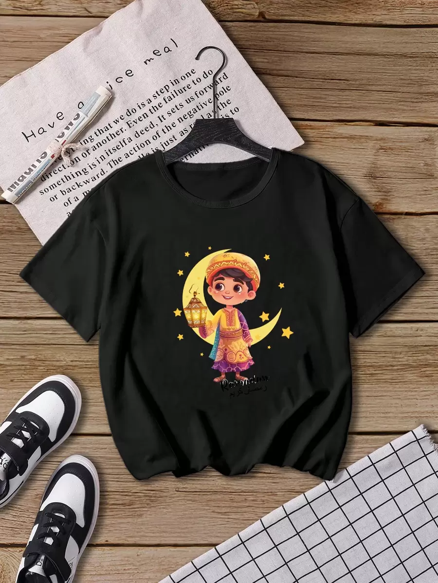 年轻男孩休闲基本款开斋节穆印花短袖 T 恤 - 黑色 - 查看 1