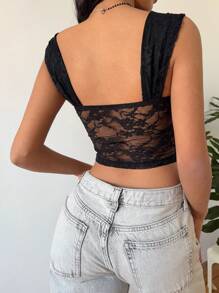 SHEIN EZwear Damen Bluse mit Blumen-Spitze-Volants und Schleifendekor ohne Ärmel - Schwarz - Übersicht 2
