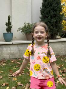 SHEIN Leap Crew 2 pezzi/set Ragazza giovane, maglietta a maniche corte con stampa floreale e arcobaleno, e pantaloncini casual semplici, adatti per l'estate - Multicolore - Visualizzare 5
