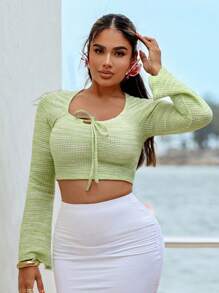 SHEIN SXY Lime Green Women Long Sleeve T-Shirt,Elegant Chic Autumn Vacation Woman Summer Top,Simple Fashion Casual Everyday Wear,Beach Cruise Attire - Green - View 4