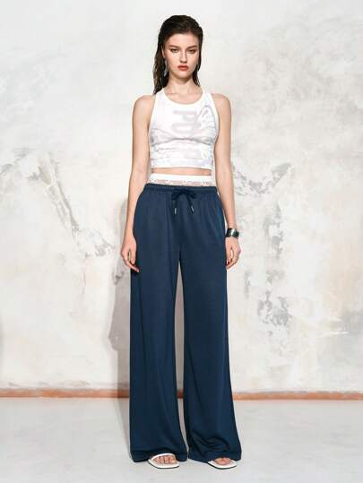 SHEIN LUNE Women's Lace Patchwork Contrast Colorblock Waistband Loose Casual Straight Wide Leg Sweatpants Graduation,Back To School Outfits,Graduation,Teacher Outfits For Women,Back To School Fall Cloth For Women