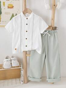 SHEIN Leap Crew 2pcs/Set Young Boys Casual Minimalist Short Sleeve Top & Pants - White - View 6