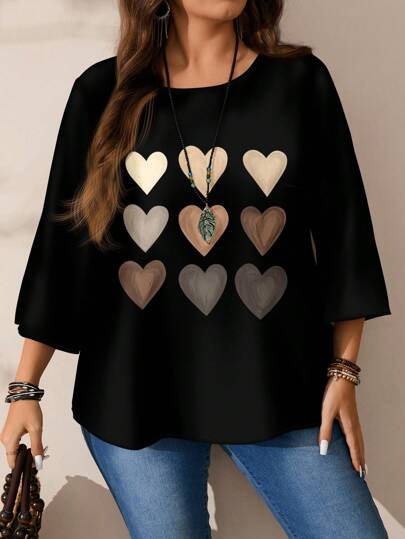 EMERY ROSE Camisa casual de manga 3/4 suelta con estampado de gradiente de corazón y cuadrícula, apropiada para primavera y verano, talla grande para mujeres