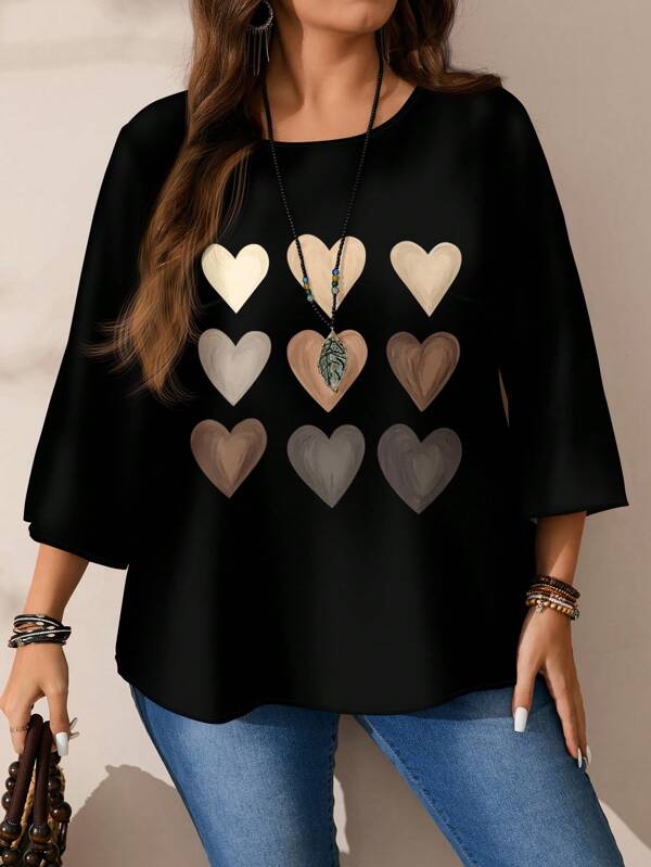 EMERY ROSE Plus Size Women Heart Gradient Grid Pattern Printed Casual Loose Fit 3/4 Sleeve Shirt, Suitable For Spring And Summer